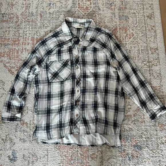 Plaid Button Up Shirt Oversized Flannel Transition Fall Casual White Blue Small - Picture 5 of 8